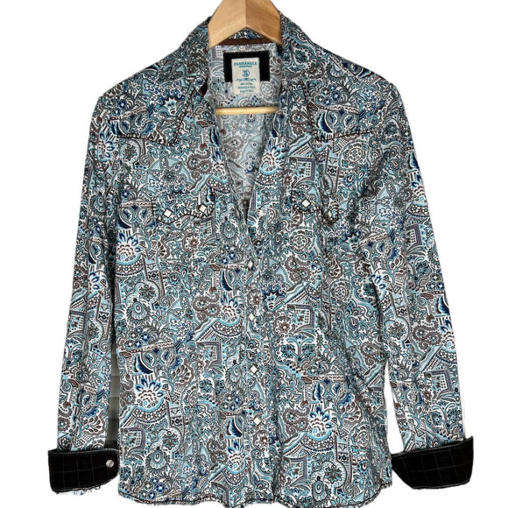 Panhandle Rough Stock Slim-Fit Turquoise‎ Paisley Pearl Snap Western Shirt Small